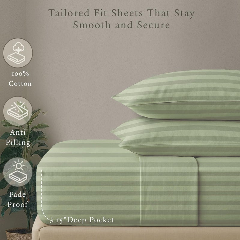 Threadmill 500 Thread Count Twin-XL Size Damask Stripe, 3 Pc Luxury Cotton Sheet Set, Breathable Sage Green Sheets with 15" Elasticized Deep Pocket, 1 Pillowcase & Free Tote Bag - Image 5